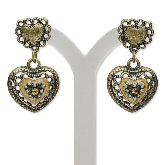 Victorian Style Enamel Crystal Antique Brass Double Heart Dangle Stud Earrings - Picture 1 of 1